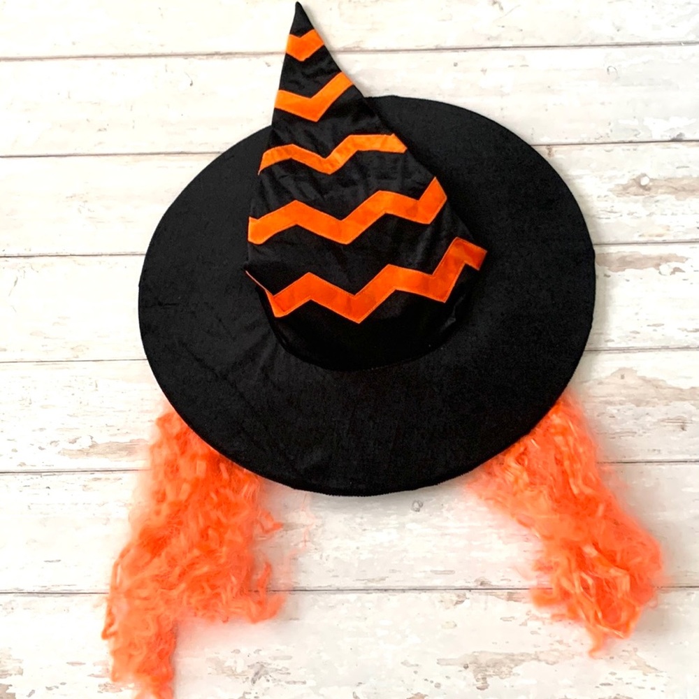 Black Velvet Witch Hat Costume Orange Curly Hair Wig Attached Chevron Print NEW - Picture 1 of 4